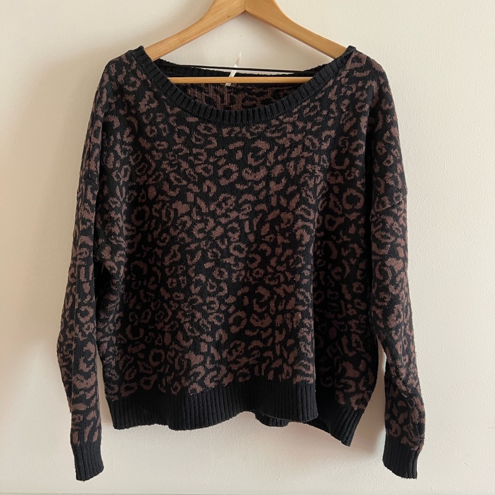 Free People Black and Brown Leopard Off-Shoulder Sweater